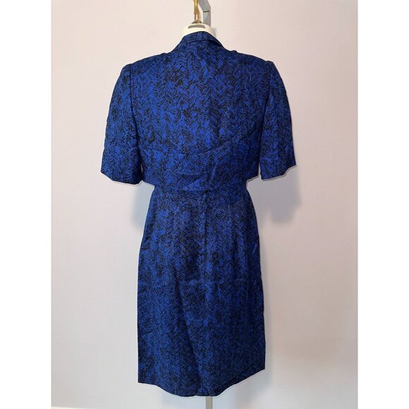 Vtg 50s Hattie Carnegie Blue Black Textured Silk Sheath Dress w/ Shrug Medium - Picture 10 of 12